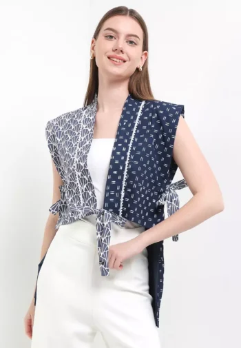 Outer Cardigan Atasan Vest Crop Batik Wanita Livia Katun Premium Biru - Rianty Batik