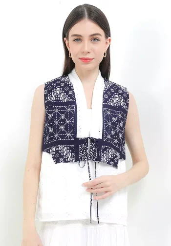 Outer Atasan Wanita Cardigan Vest Arumi Merona Spesial JFW Collection Safera Rope Kombinasi Katbol Navy - Rianty Batik