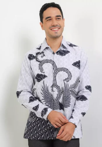Kemeja Batik Pria Lengan Panjang Reguler Fit Full Furing Baswara Prada White Grey - Rianty Batik