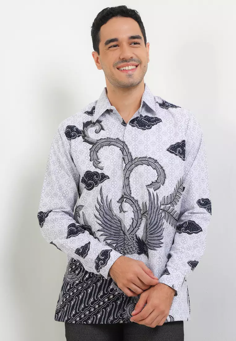 Kemeja Batik Pria Lengan Panjang Reguler Fit Full Furing Baswara Prada White Grey - Rianty Batik