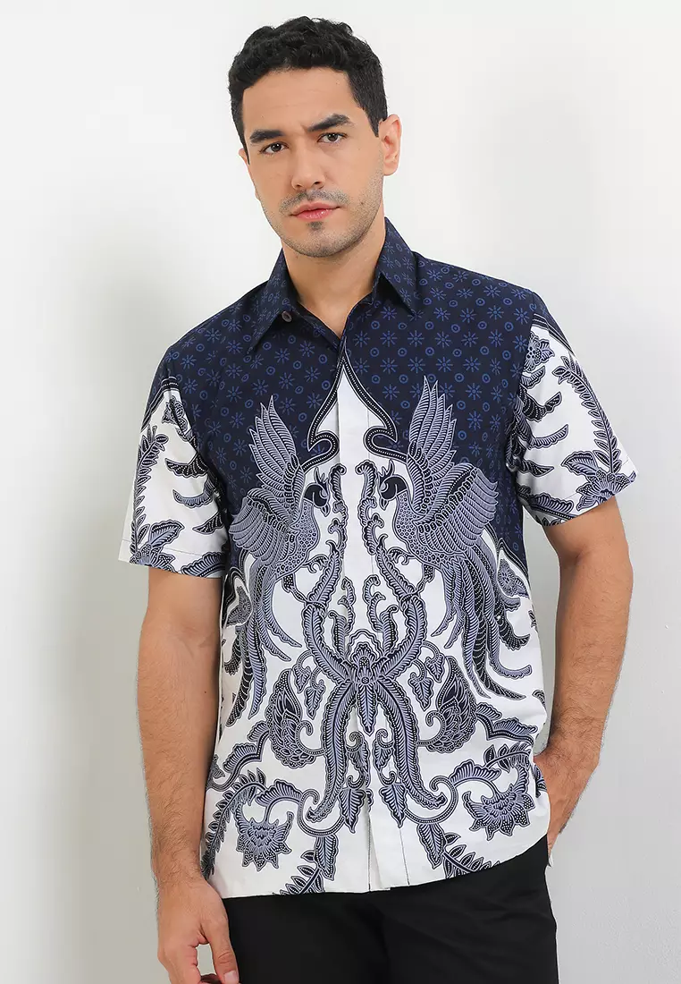Hem Lengan Pendek Pria Reguler Fit Full Furing Aldo Navy - Rianty Batik