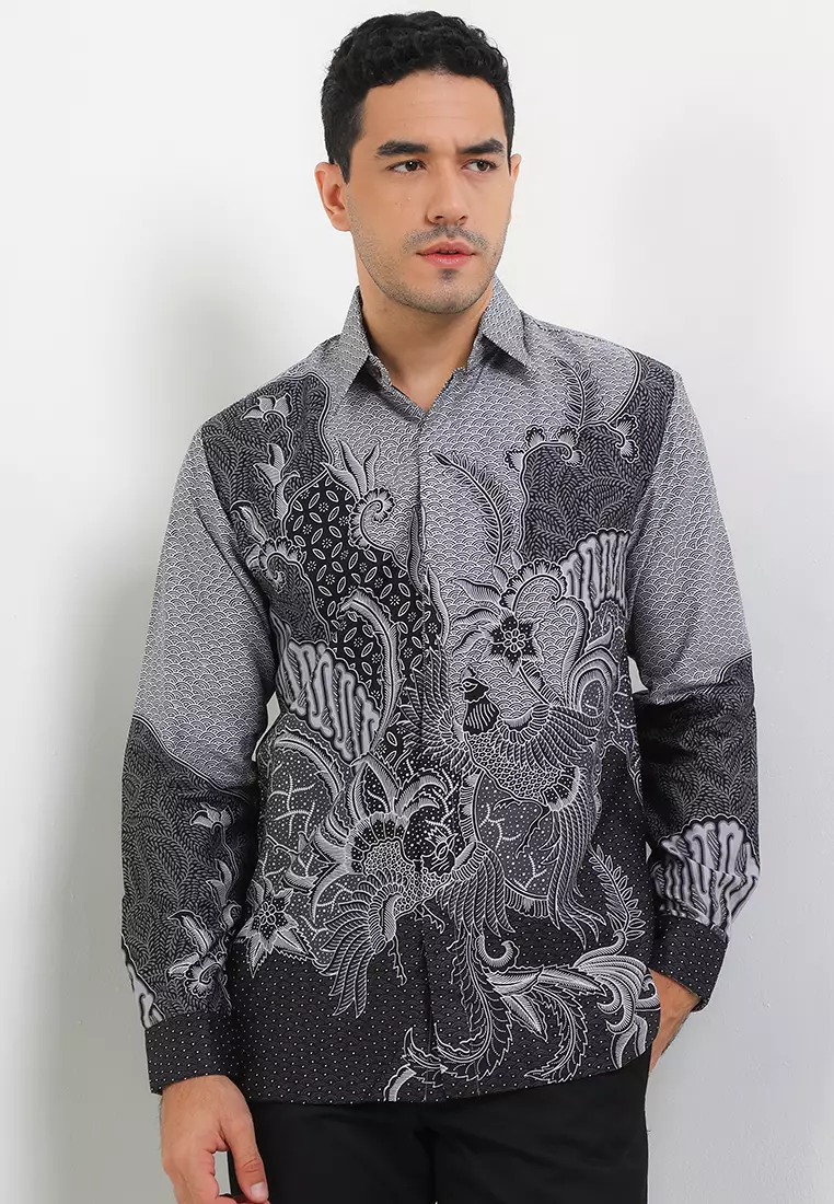 Kemeja Batik Pria Lengan Panjang Reguler Fit Full Furing Baswara Grey - Rianty Batik