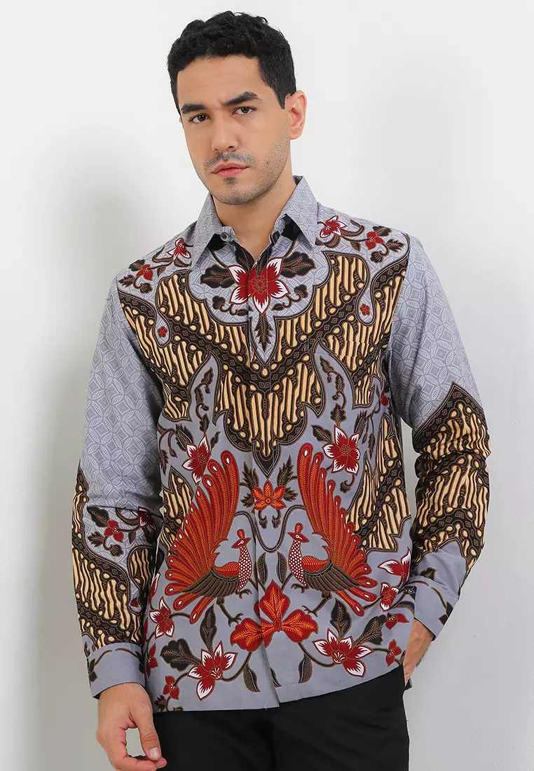 Kemeja Lengan Panjang Pria Reguler Fit Full Furing Ganendra Grey - Rianty Batik