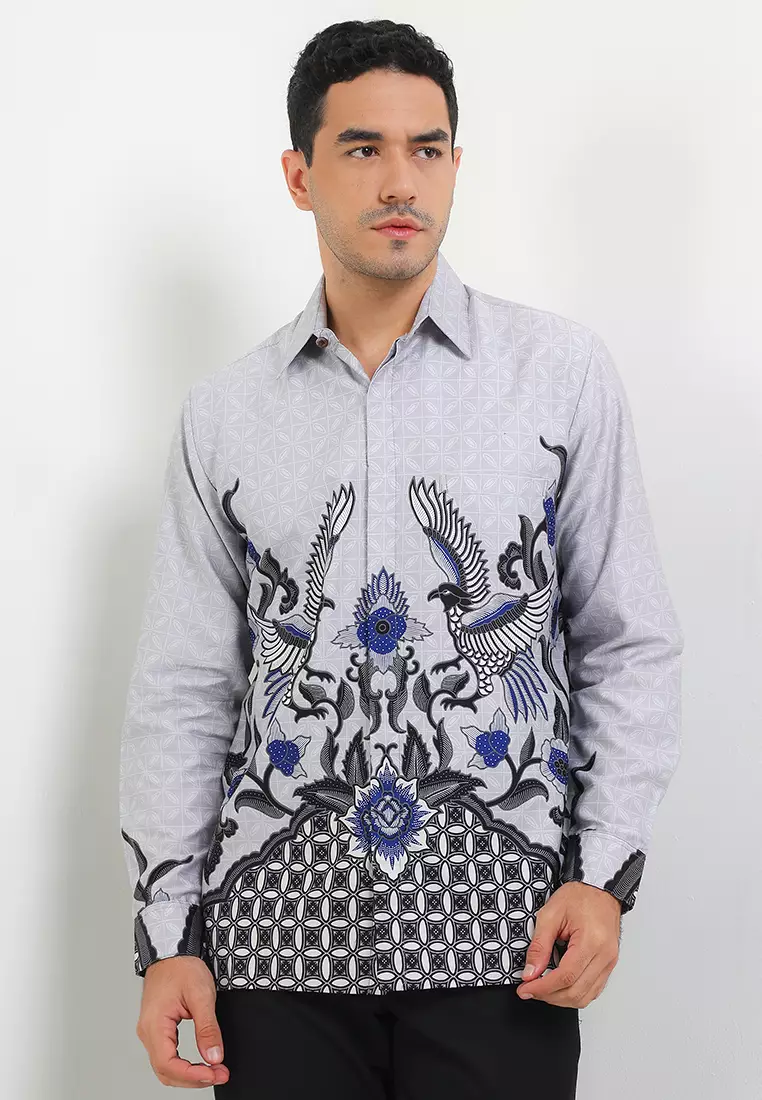 Kemeja Batik Pria Lengan Panjang Reguler Fit Full Furing Diraya Grey - Rianty Batik